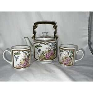 VTG HOMCO JAPANESE ASIAN BIRD FLORAL HEXAGON PORCELAIN TEAPOT & 2 CUPS